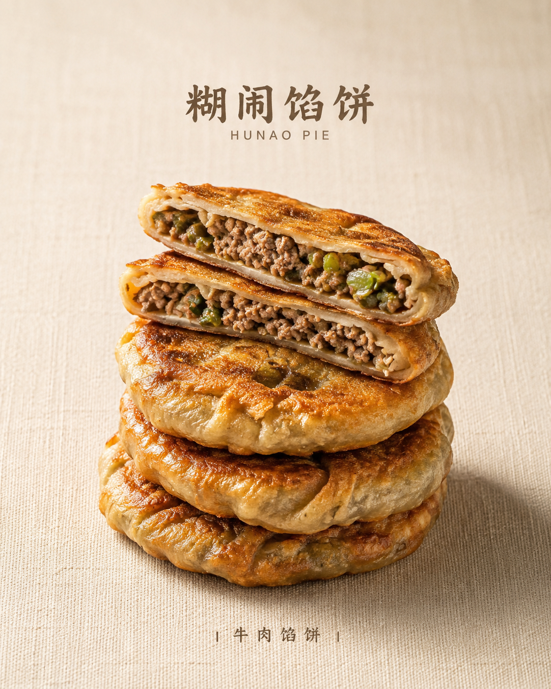 切开的牛肉馅饼，露出饱满的牛肉馅，下面叠着三只完整的饼